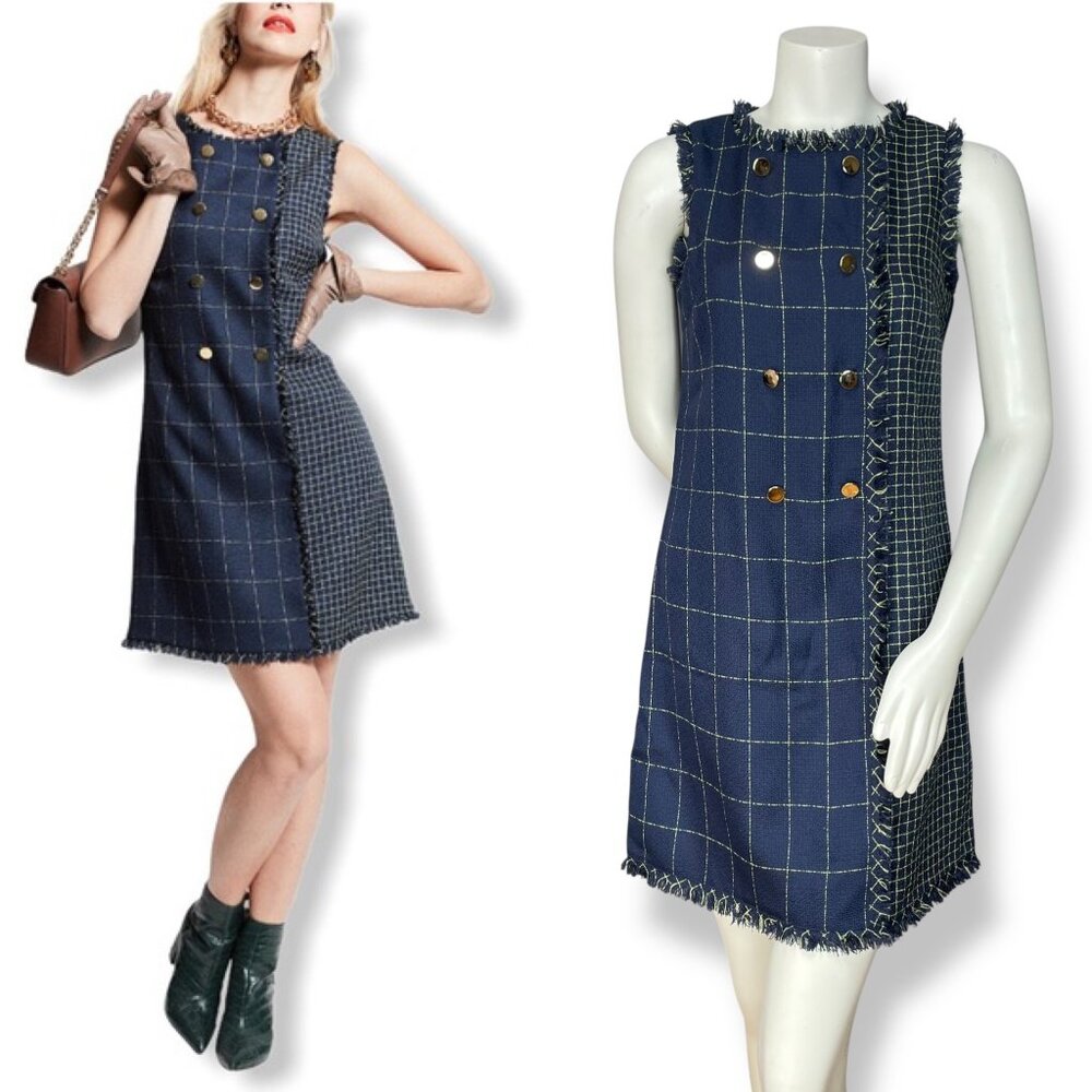 Julia Jordan Dress Shift Woven Navy Blue Decorative Buttons Sz‎ 4 Raw Edges Mini